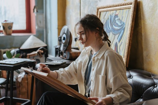 artist painting on canvas in a cozy studio